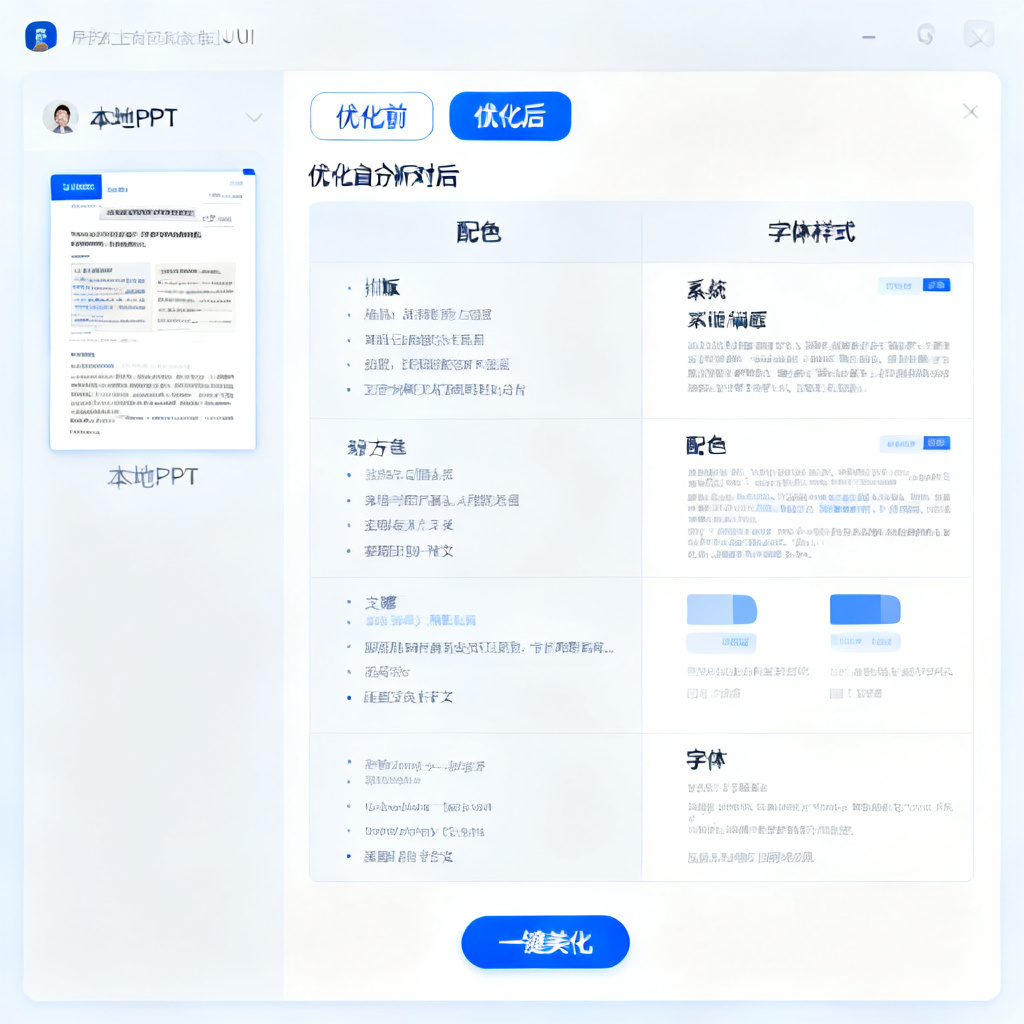 ChatPPT的AI美化功能界面，用户上传了一个本地PPT文件，系统自动分析并展示优化前后的对比，包括排版、配色、字体调整，界面简洁直观，带有“一键美化”按钮