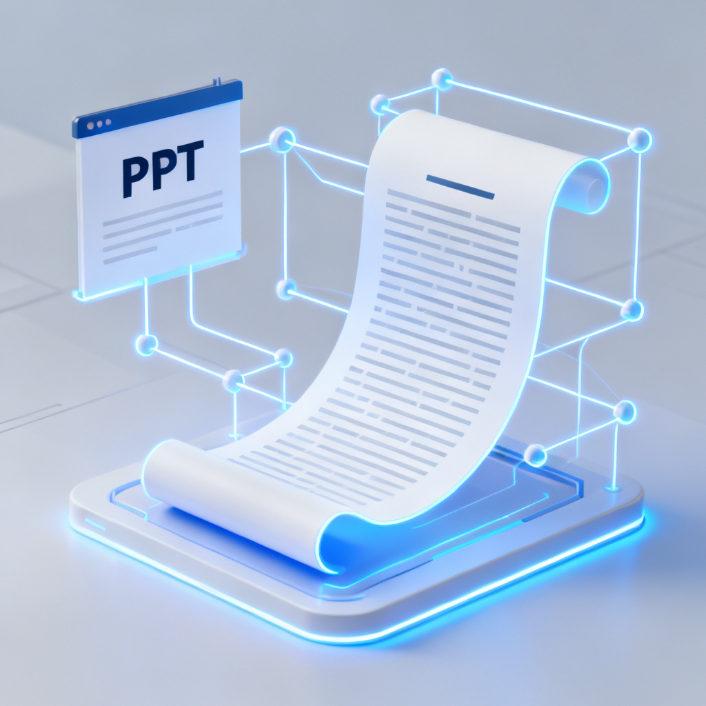 An abstract representation of an AI processing a long document with glowing lines and nodes connecting to a finished PPT slide, futuristic and clean style