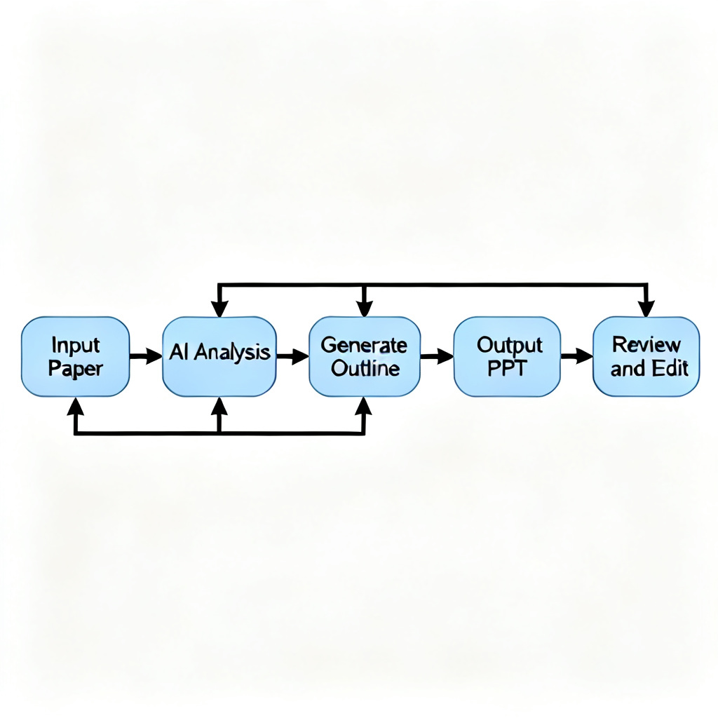 A simple flowchart: Input Paper -> AI Analysis -> Generate Outline -> Select Template -> Output PPT -> Review and Edit.