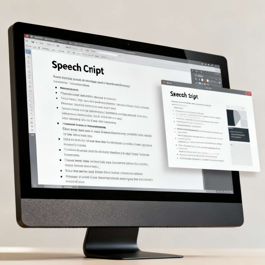 A computer screen showing a speech script with bullet points, next to a slide preview, style: realistic and focused
