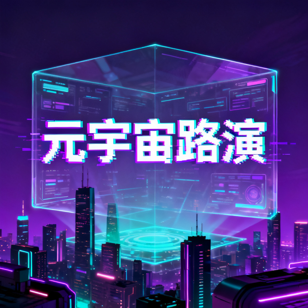 赛博朋克风格元宇宙路演PPT封面，霓虹灯光下的未来城市天际线，紫色与青色为主色调，全息投影技术展示虚拟现实界面，故障艺术字体标题，整体充满科技感与未来主义