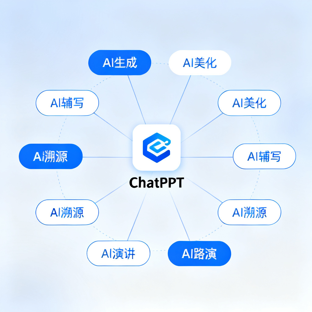 一张信息图，展示ChatPPT的8大核心模块（AI生成、AI美化、AI辅写、AI溯源、AI演讲、AI路演等）围绕中央的“ChatPPT”图标，模块之间有连接线，整体风格简洁专业