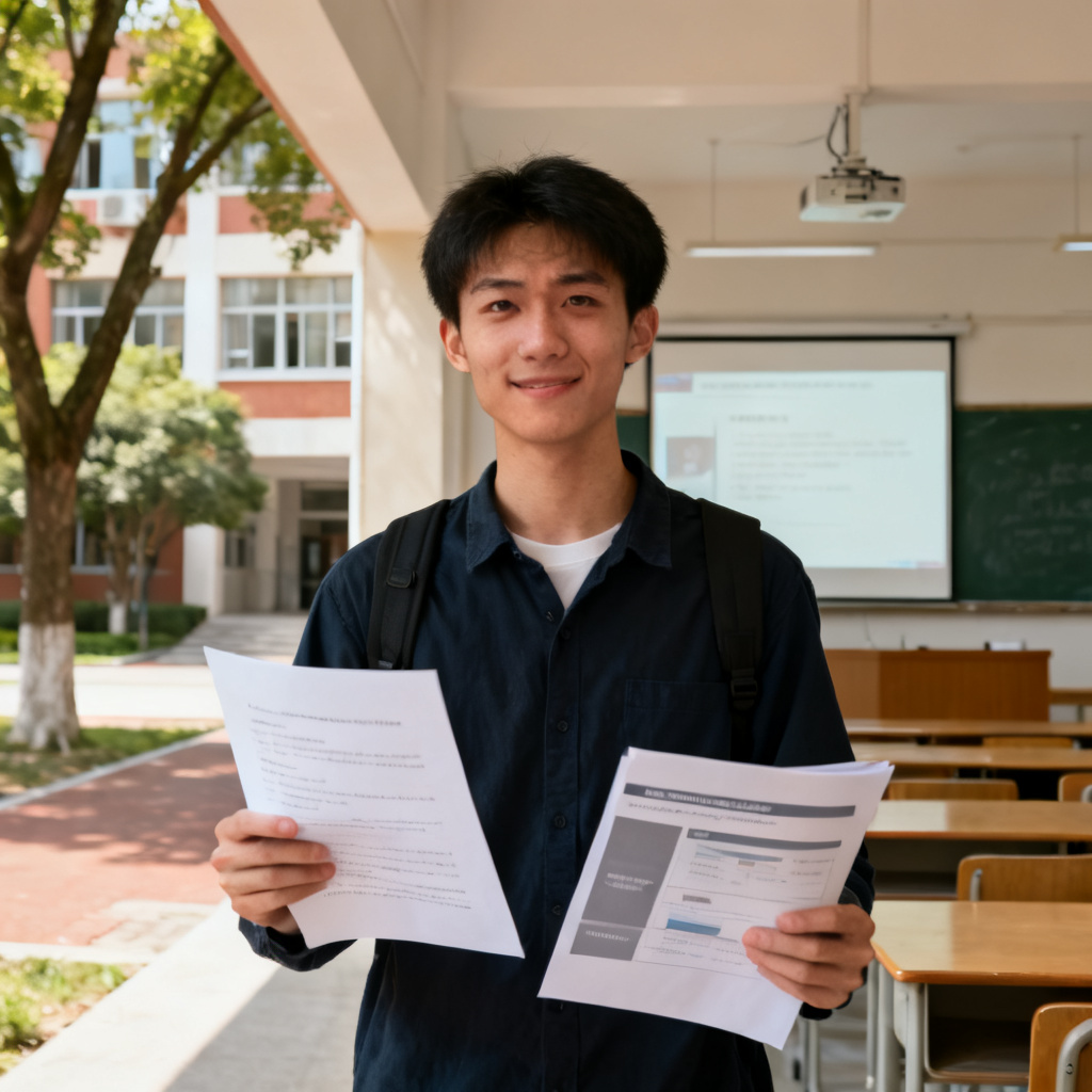 一个学生拿着论文和PPT，表情从焦虑转为自信，背景是大学校园和答辩教室，风格写实