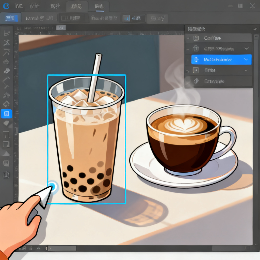 Magic涂画操作动画截图,用户框选一杯奶茶,AI替换为咖啡,光影融合自然