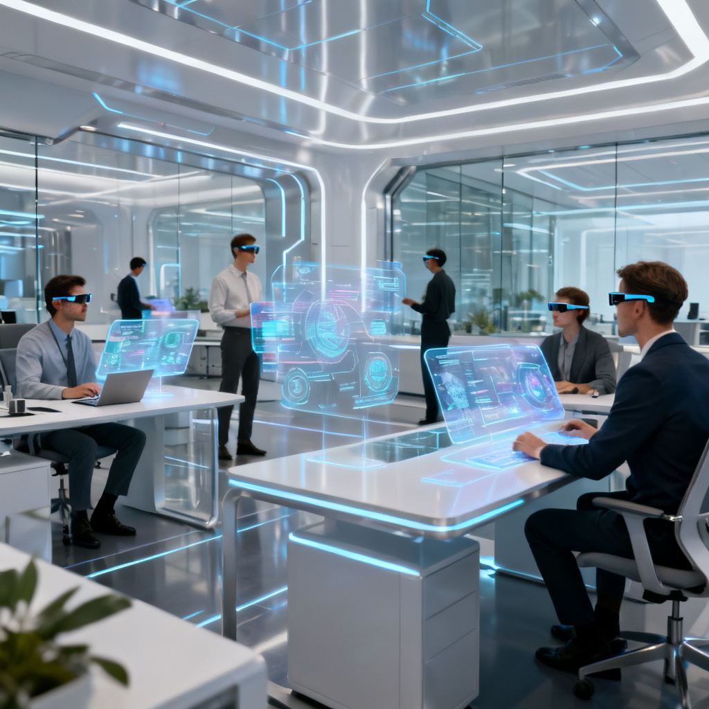 A panoramic view of a futuristic office, employees are using holographic displays to present, some are wearing smart glasses, the atmosphere is productive and collaborative, high detail, 8K