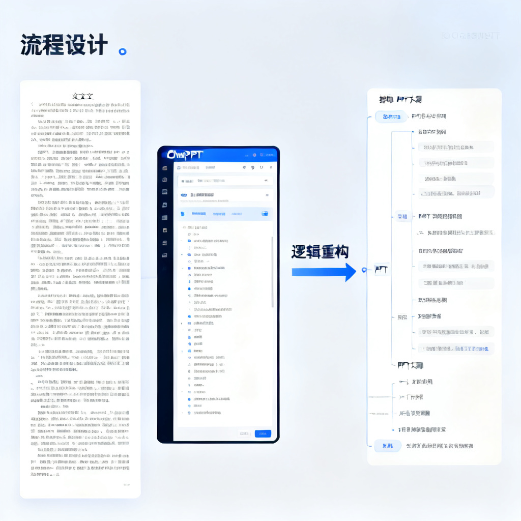 一个流程示意图：左侧显示一篇长篇论文文档，中间是ChatPPT的处理界面，右侧生成结构清晰的PPT大纲，箭头标注“逻辑重构”