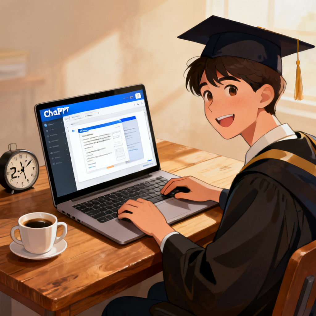 A warm, realistic illustration of a graduate student sitting at a desk, smiling while using a laptop. The screen shows the ChatPPT interface with a completed PPT preview. A cup of coffee and a clock showing '2:47' are on the desk, symbolizing speed and ease.