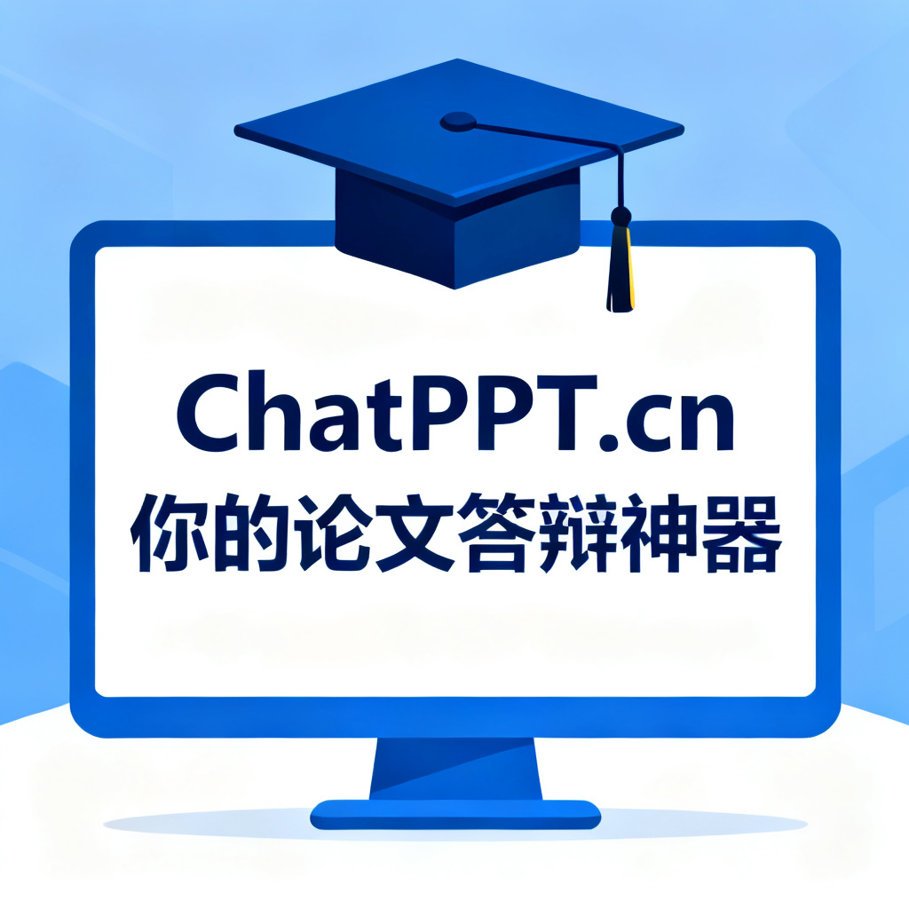 一张简洁的广告图，文字“ChatPPT.cn 你的论文答辩神器”，背景为毕业帽和电脑
