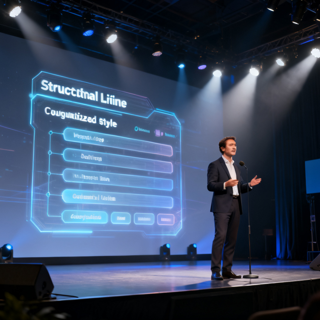 A professional presenter standing confidently on stage, with a holographic display showing a structured speech outline with customizable style options, modern and clean design, bright lighting, high detail, 8k resolution.