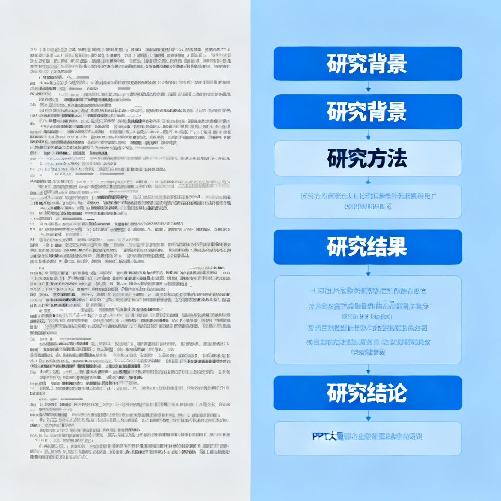 一张对比图，左侧显示混乱的文本堆砌和缺失的关键数据，右侧显示清晰的结构化PPT大纲，包含研究背景、方法、结果、结论等模块，体现逻辑重塑