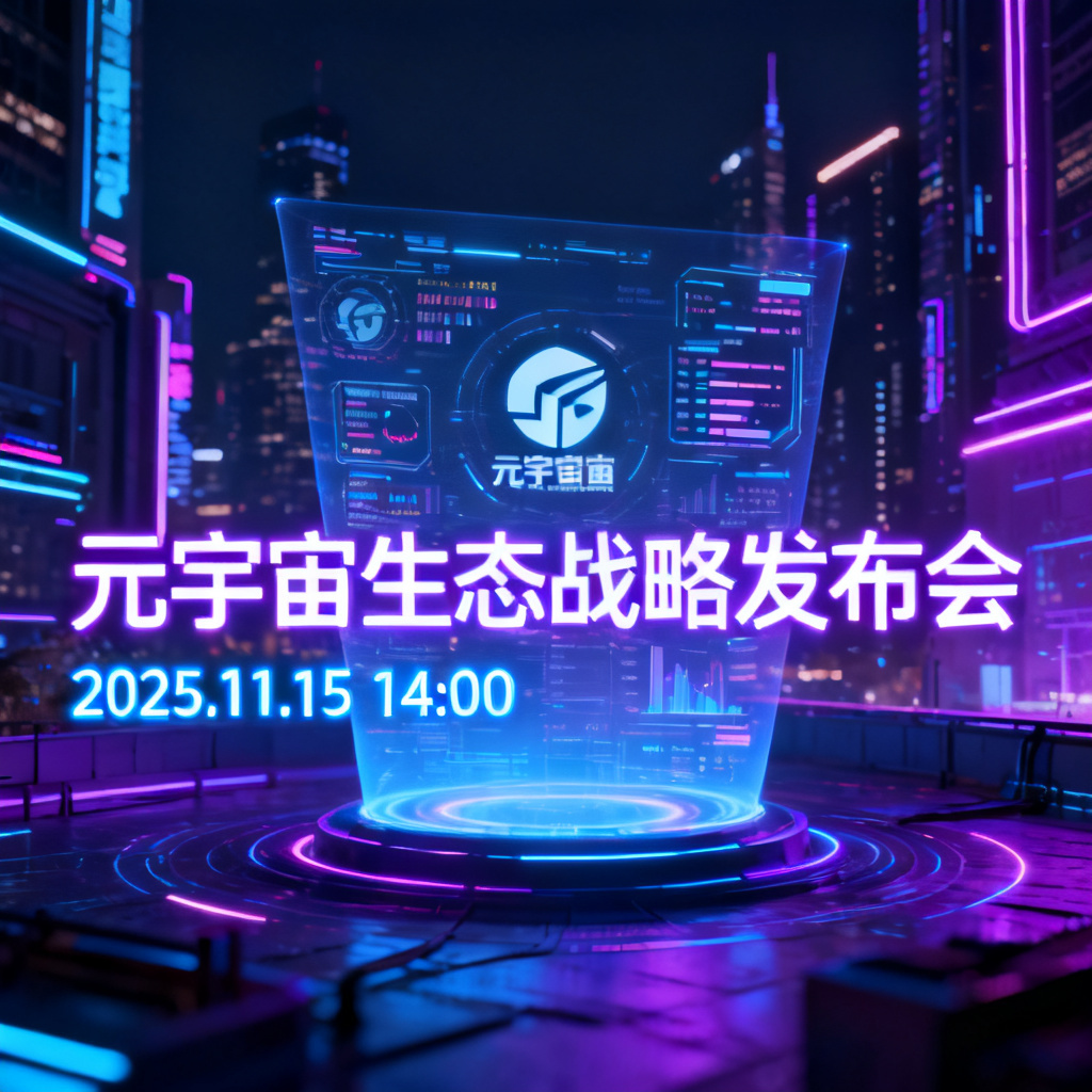 赛博朋克风格的元宇宙路演PPT首页，背景为霓虹闪烁的城市夜景，全息投影显示公司Logo与核心数据，字体为发光霓虹字体，整体色调以蓝紫为主