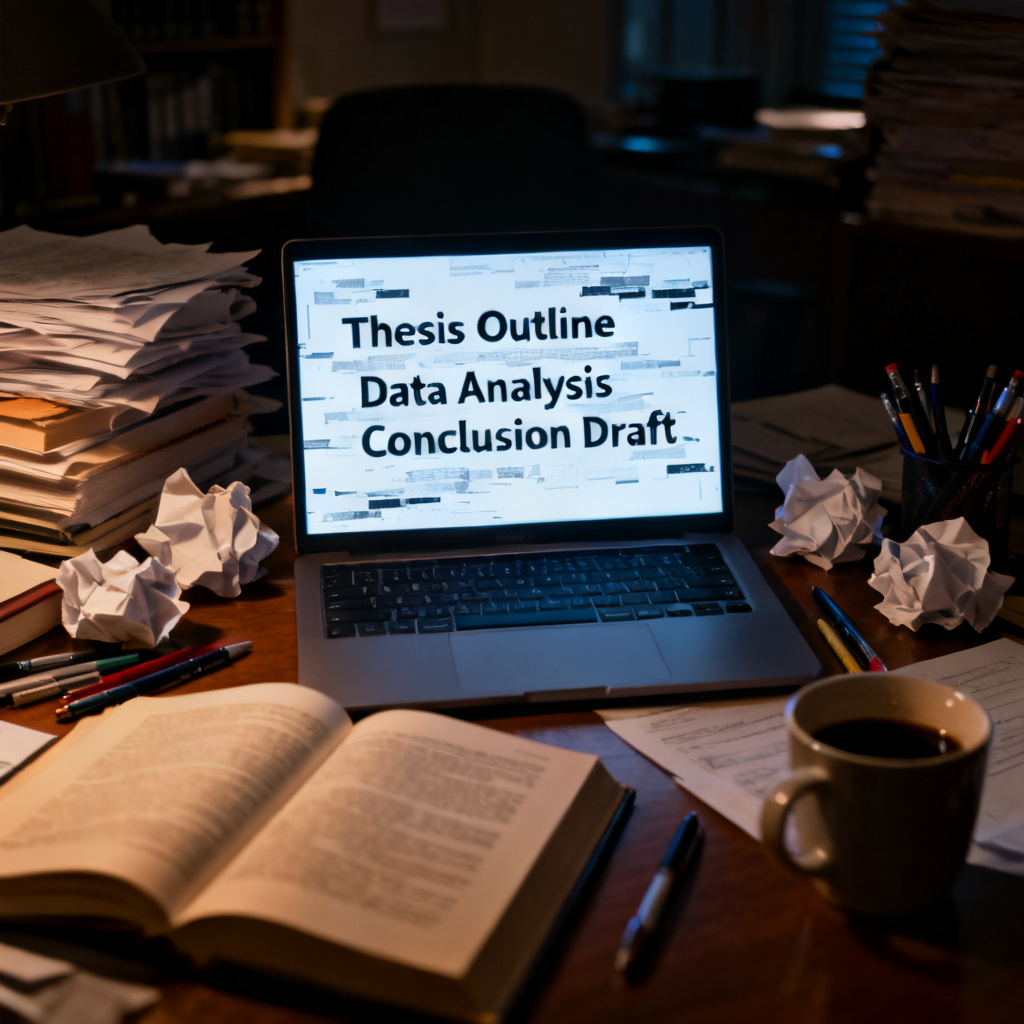 A dark academic office with stacks of paper and a glowing laptop screen showing fragmented text, symbolizing the chaos of thesis PPT creation.