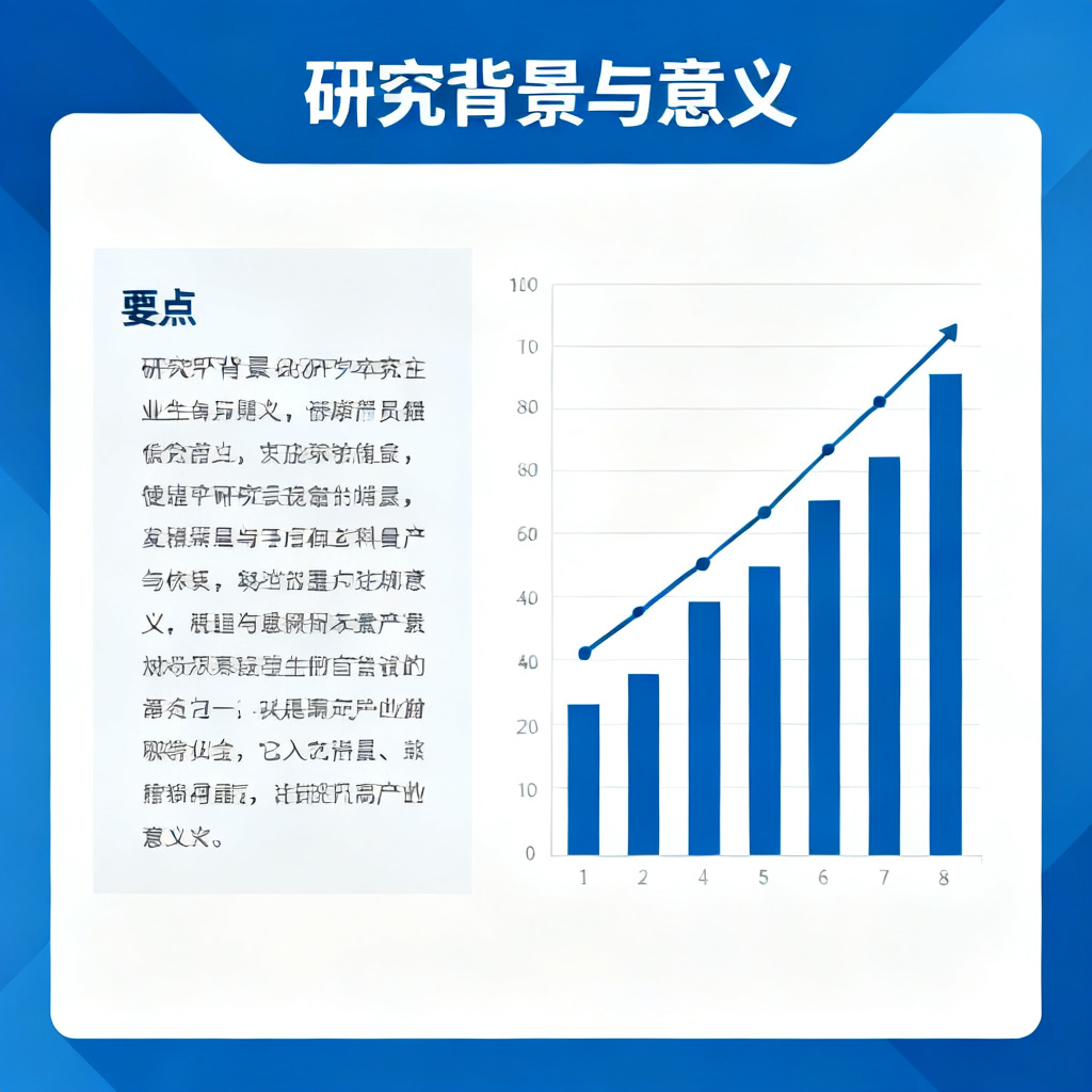 一张学术论文PPT幻灯片，包含标题“研究背景与意义”，左侧有文字要点，右侧有柱状图展示数据增长趋势，配色以蓝色和白色为主，风格简洁严谨