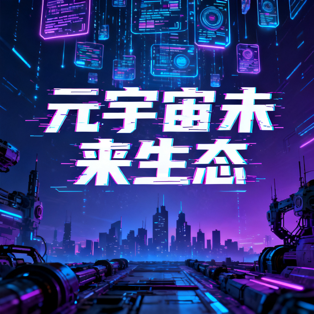 一个赛博朋克风格的元宇宙路演PPT页面,霓虹蓝紫配色,故障艺术字体,背景是漂浮的数据流与机械城市轮廓,画面具有强烈纵深感与科技感