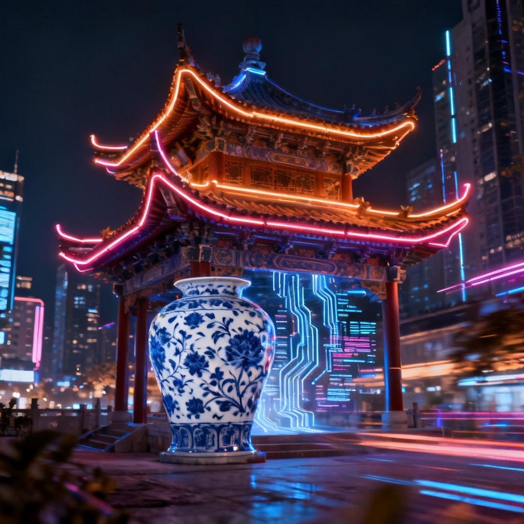 一张赛博朋克风格的城市夜景,霓虹灯管勾勒出中式古建筑的飞檐,数据流在青花瓷纹理中流动,高对比度色彩,细节丰富,画面充满未来感与传统美学的碰撞