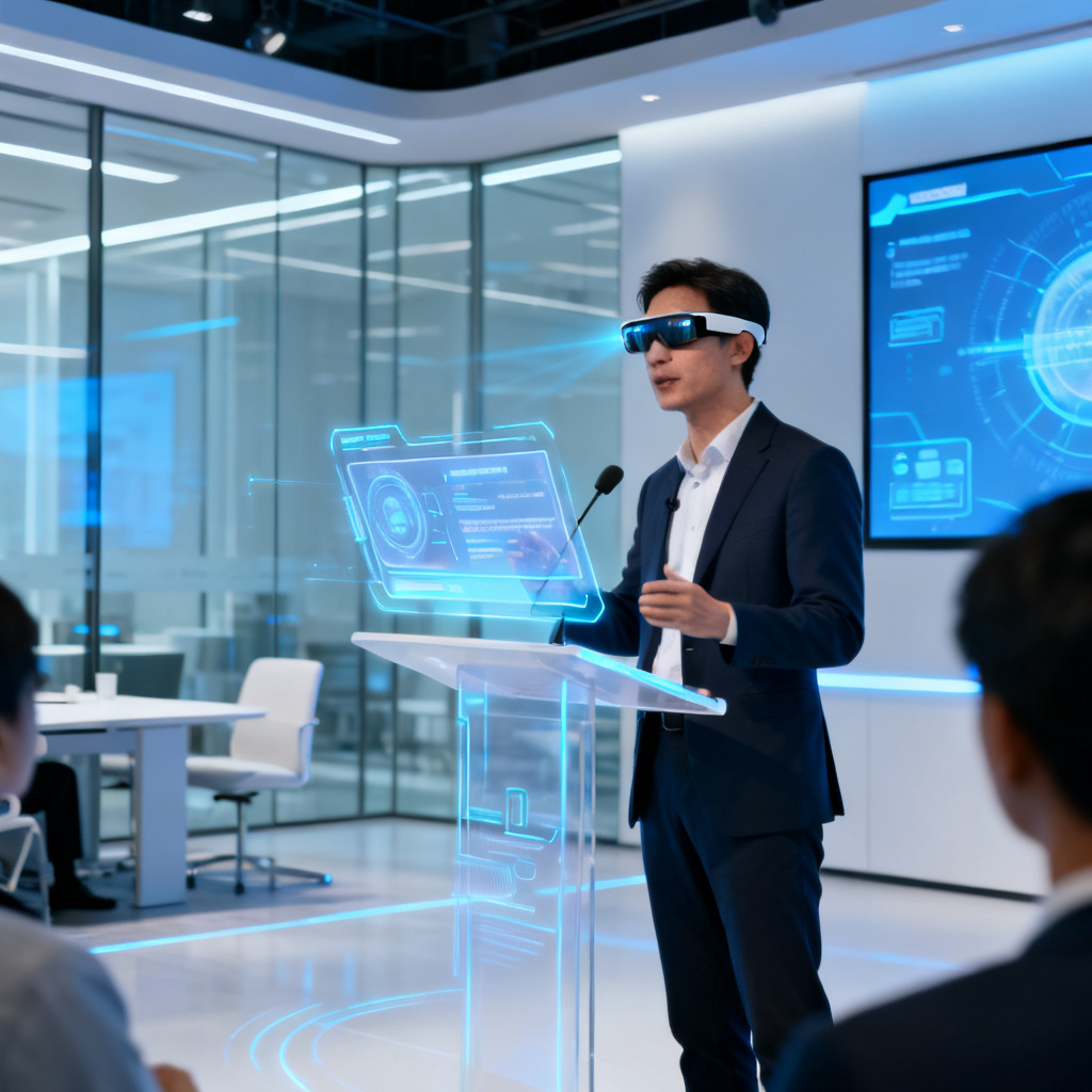 A presenter wearing AR smart glasses, with a holographic teleprompter interface visible in the lens, delivering a speech in a modern conference room