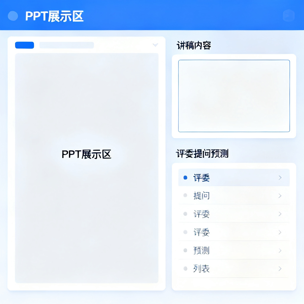 ChatPPT的答辩逐字稿界面，左侧是PPT页面，右侧是讲稿和评委提问预测列表，界面清晰