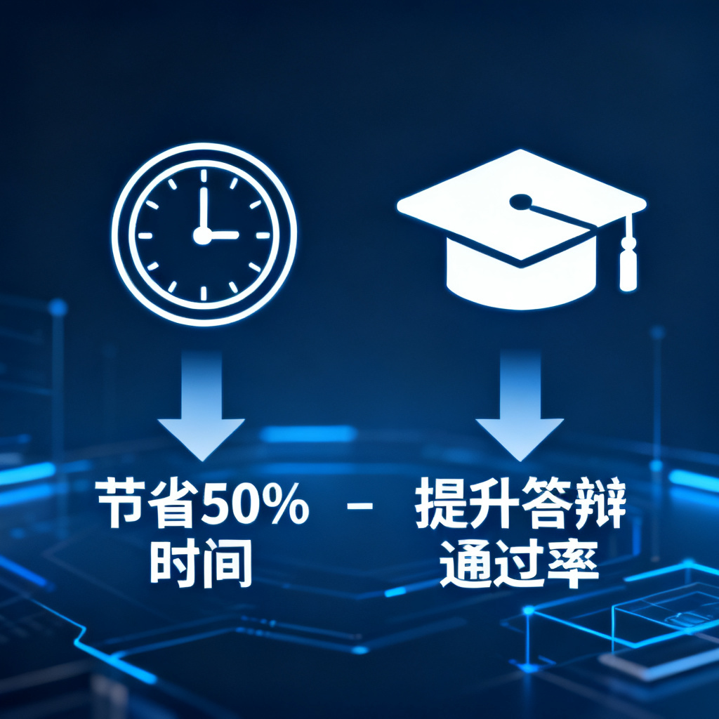 一个时钟图标和学位帽图标并列，下面有箭头指向“节省50%时间”和“提升答辩通过率”，风格简洁科技