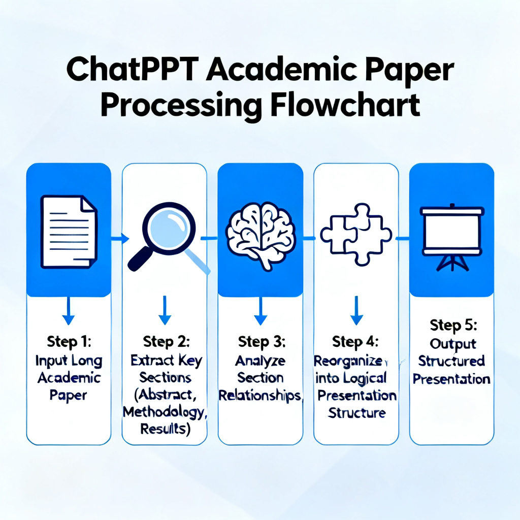 A detailed flowchart showing how ChatPPT processes a long academic paper, extracting key sections like abstract, methodology, and results, and reorganizing them into a logical presentation structure.