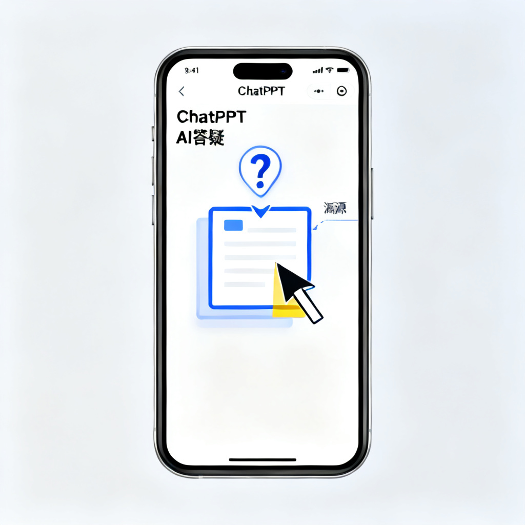 用户手机屏幕显示ChatPPT的AI答疑界面,一个问号图标指向PPT中的某一页,该页被高亮,旁边有溯源箭头,风格简洁、清晰