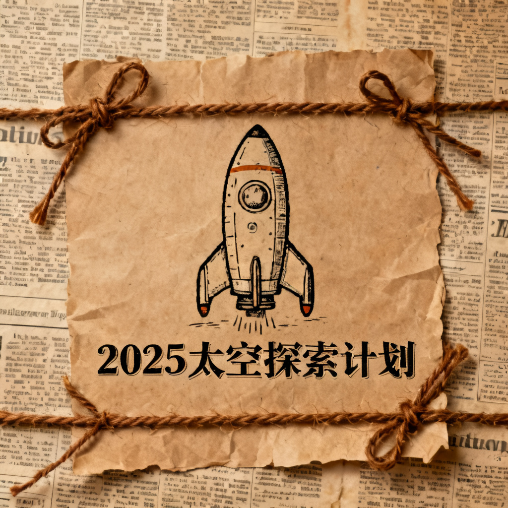 一张牛皮纸贴画风格的PPT页面,背景是旧报纸纹理,中央有一幅手绘风格的卡通火箭,周围用棕色麻绳装饰,标题“2025太空探索计划”使用打字机字体,整体色调温暖复古
