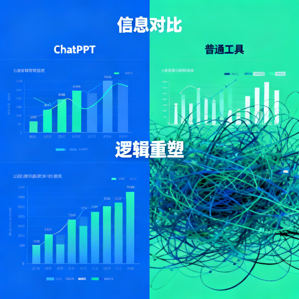 对比图：左边是ChatPPT生成的图表，右边是普通工具生成的混乱图表，标注“逻辑重塑”
