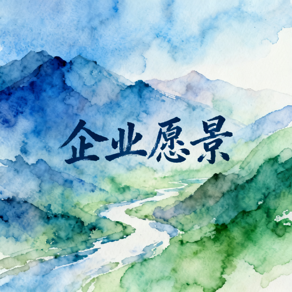 梦幻水彩风格的企业愿景页，蓝色和绿色渐变，水彩晕染效果，有抽象的山脉和河流，文字采用手写字体，艺术感强