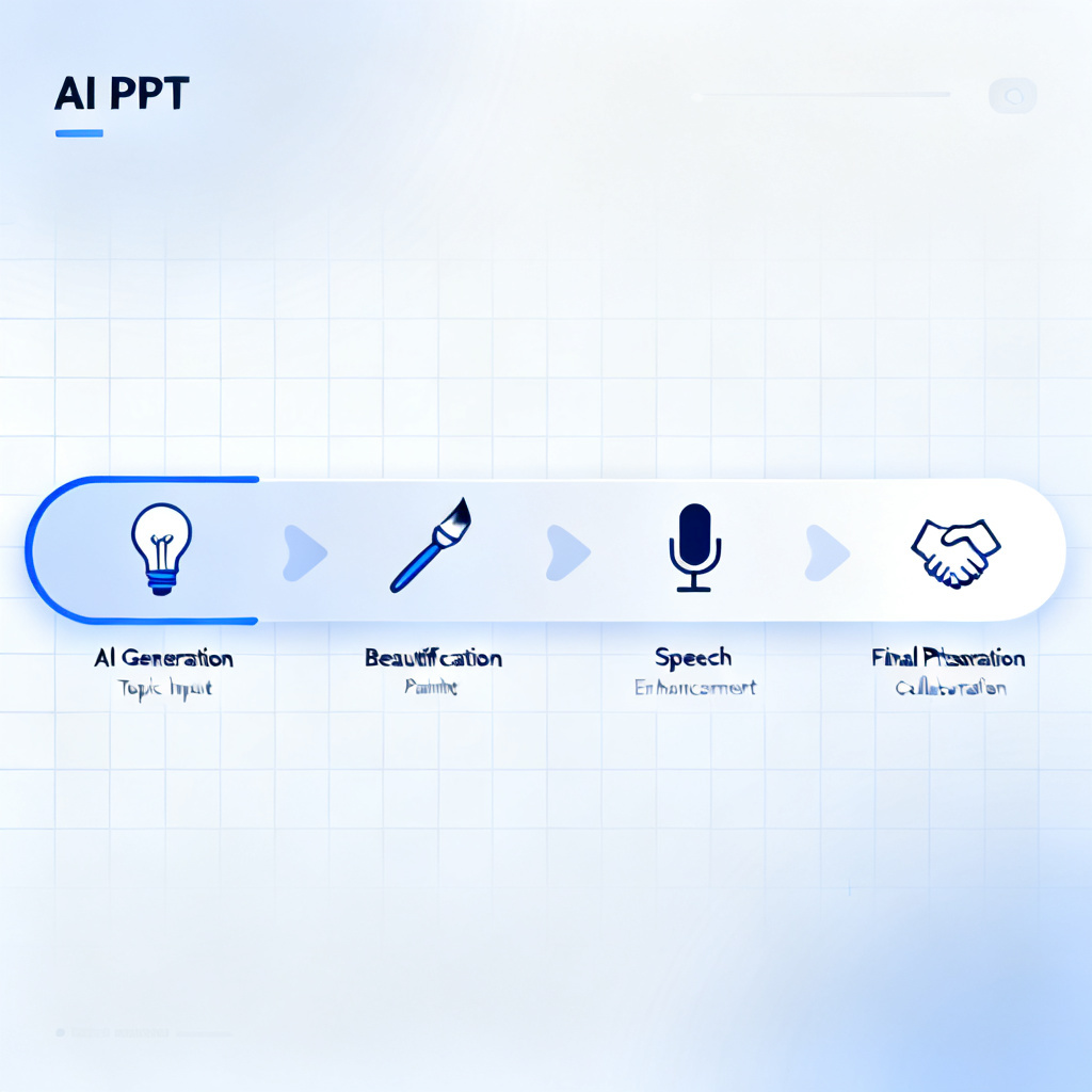 A futuristic dashboard showing the full workflow of an AI PPT tool, from topic input to final presentation, with icons for AI generation, beautification, speech, and collaboration, in a clean minimalist style.