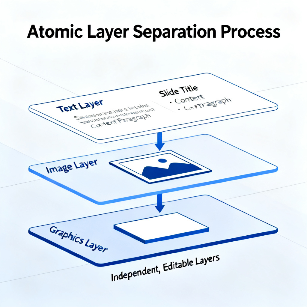 A diagram showing the process of 'atomic layer separation' in a slide: text, images, and graphics being split into independent, editable layers, clean and technical style.