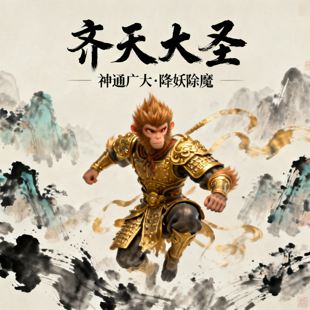 3D西游记风格的孙悟空形象PPT页面，水墨渲染，金色铠甲，可编辑文字