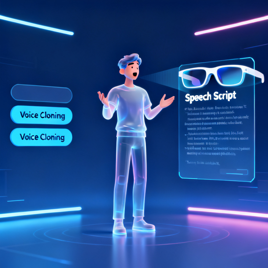 A futuristic interface of ChatPPT's AI Roadshow feature, showing a digital avatar speaking, with options for voice cloning, and an overlay of AR glasses displaying the speech script.