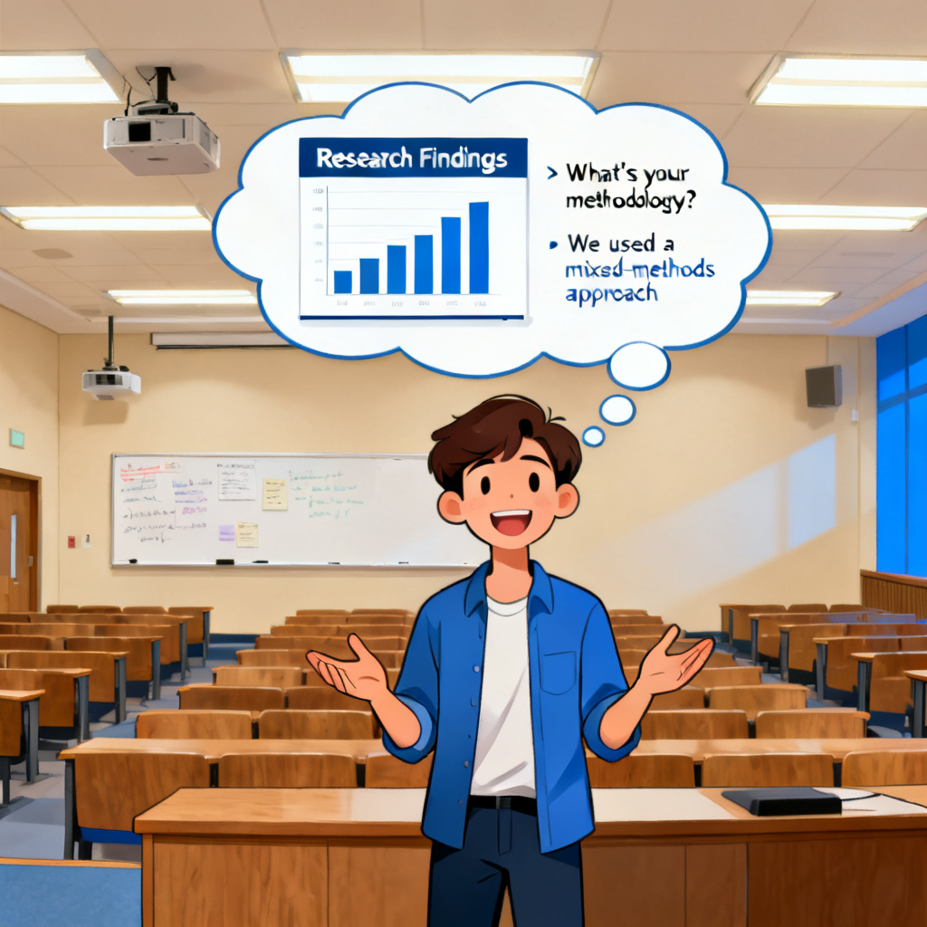 A student confidently presenting in front of a panel, with a thought bubble showing a slide and potential questions with answers, in a university lecture hall.