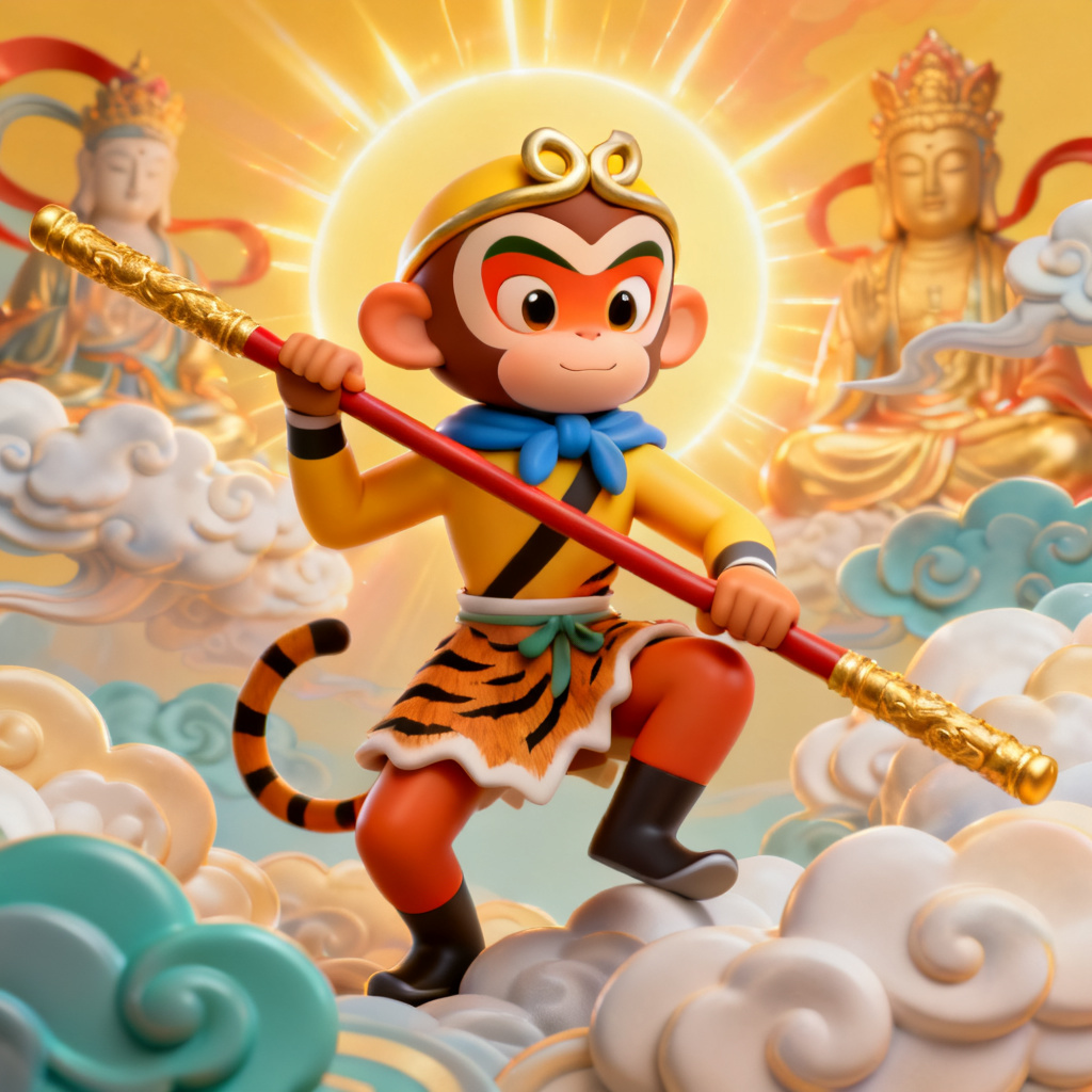 3D西游记风格，孙悟空形象，卡通渲染，明亮色彩，背景有祥云和佛光