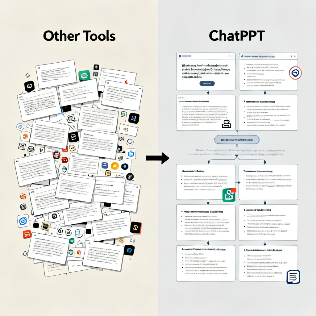 A split-screen comparison showing a messy, disorganized slide on the left (labeled 'Other Tools') and a clear, logically structured academic slide on the right (labeled 'ChatPPT'), with arrows indicating logical flow.