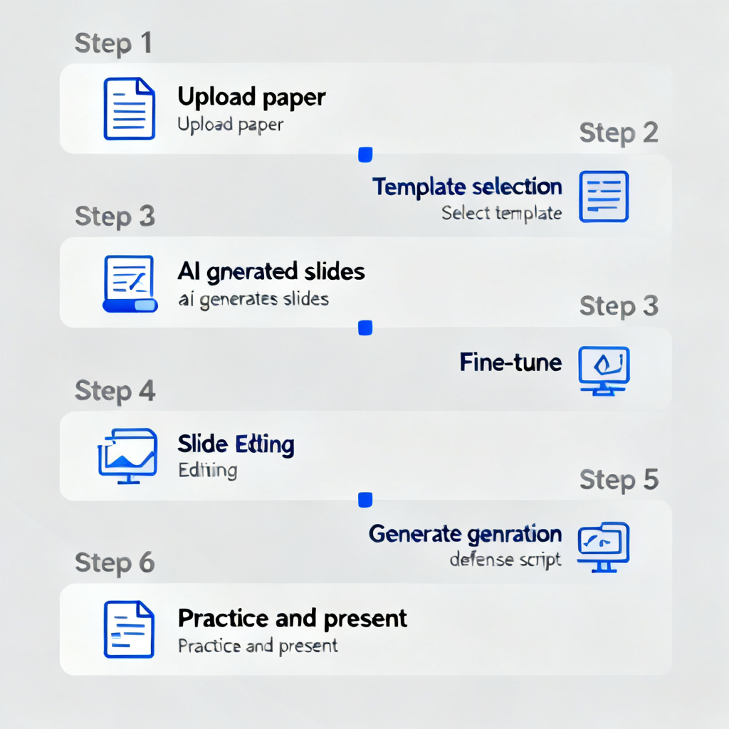 A clean, modern infographic summarizing the ChatPPT workflow: 1. Upload paper, 2. Select template, 3. AI generates slides, 4. Fine-tune, 5. Generate defense script, 6. Practice and present. Each step is represented by a simple icon and brief text. The color scheme is professional blue and gray.