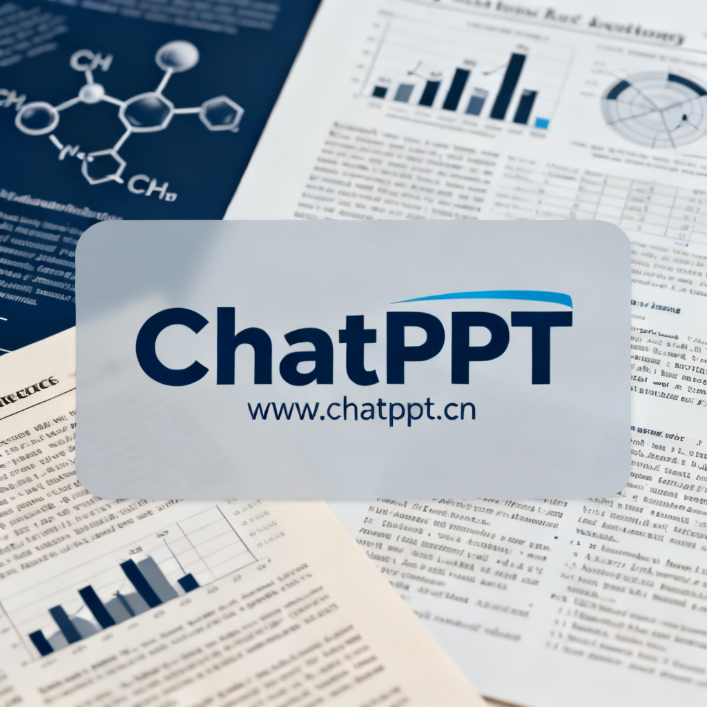 一张ChatPPT的logo和网址www.chatppt.cn,背景为学术论文元素,如分子式、数据图表、参考文献列表,整体风格简洁专业