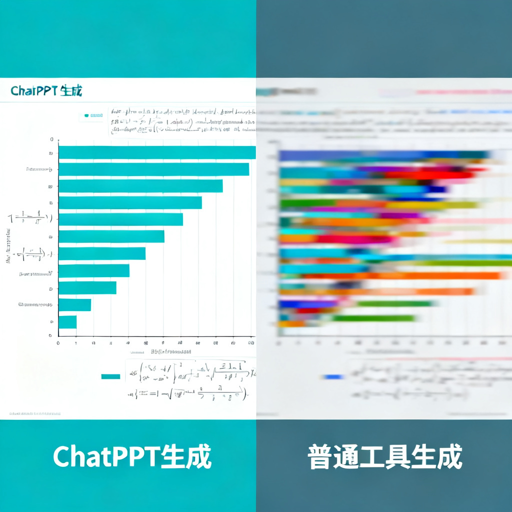 左右对比图，左侧为ChatPPT生成的学术图表（清晰数据条、坐标轴标注、公式嵌入），右侧为普通工具生成的图表（颜色杂乱、数据重叠），突出ChatPPT的专业性