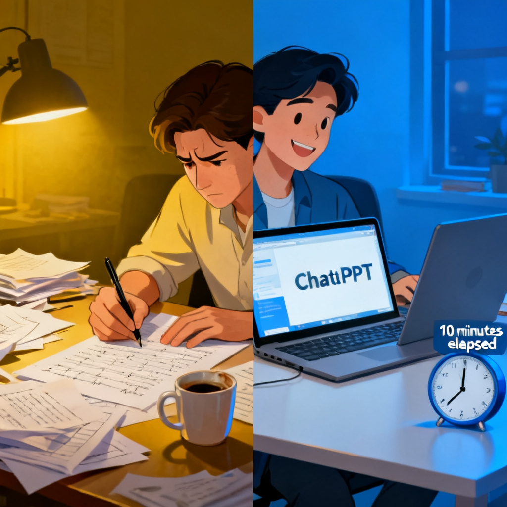 A split-screen comparison: left side shows a stressed person manually writing a script with scattered papers and coffee cups; right side shows a relaxed person using ChatPPT on a laptop with a clean desk and a clock showing 10 minutes elapsed.