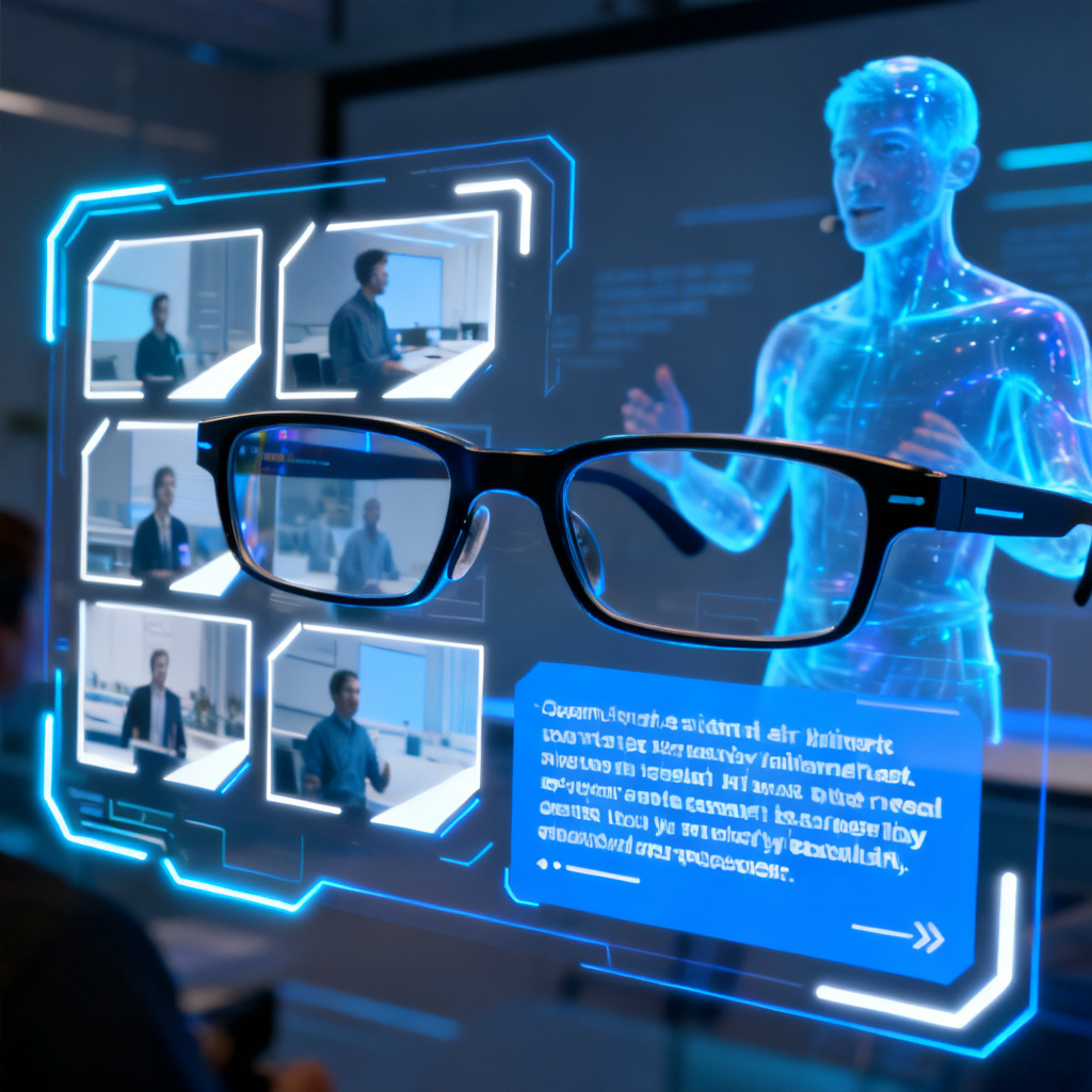 A futuristic smart glasses interface showing slide thumbnails and speech notes, with a digital avatar narrating in the background, neon blue and white tones, high-tech aesthetic