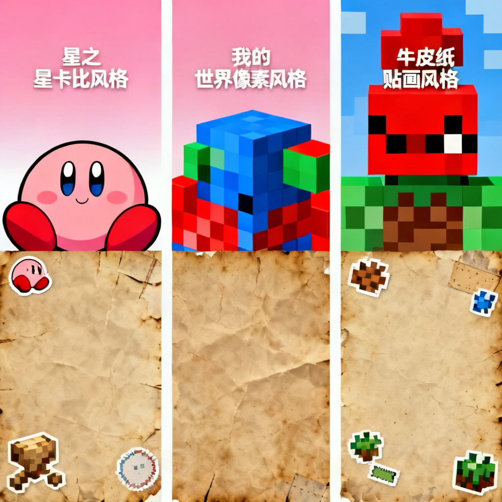 批量生成PPT页面,多种风格(星之卡比风、我的世界像素风、牛皮纸贴画风)并列展示,每页可独立编辑