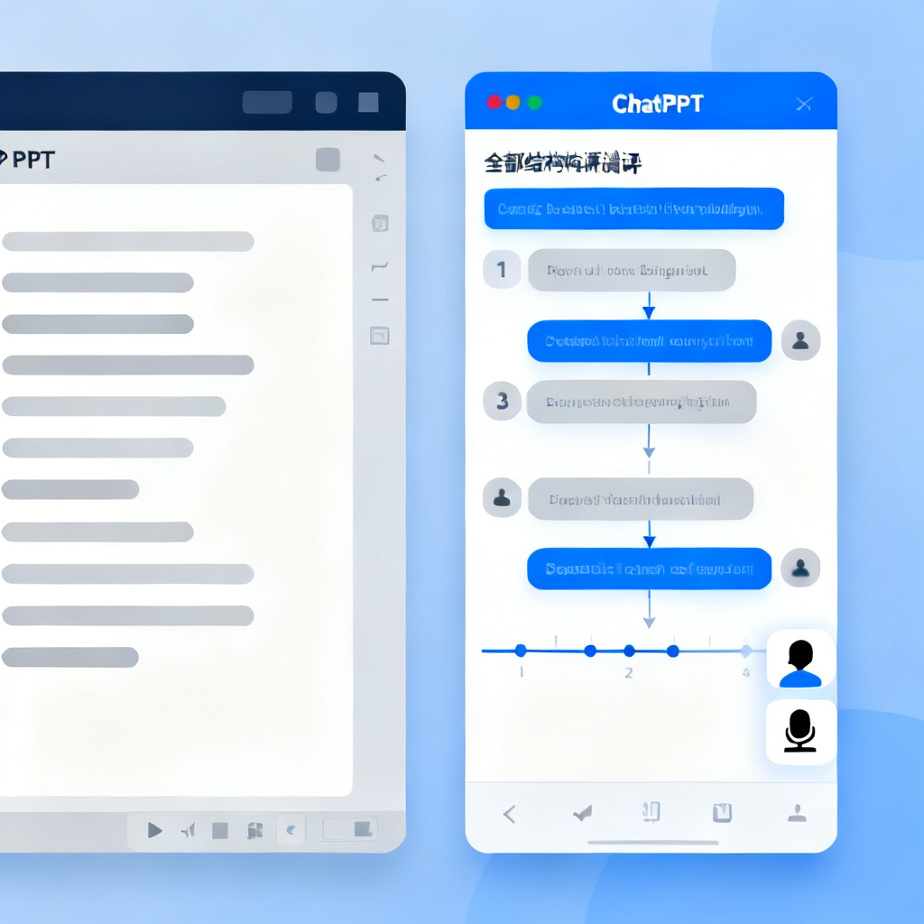A split-screen comparison showing a traditional PPT tool on the left with only bullet points, and ChatPPT on the right with a full structured speech outline, a timeline of speech flow, and a speaker view interface, style: clean UI design, modern flat illustration, blue and gray color palette