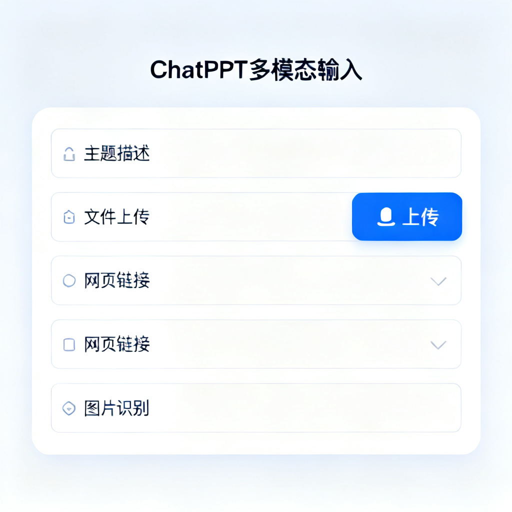 ChatPPT的多模态输入界面,显示有主题描述、文件上传、网页链接、图片识别等选项,界面简洁现代