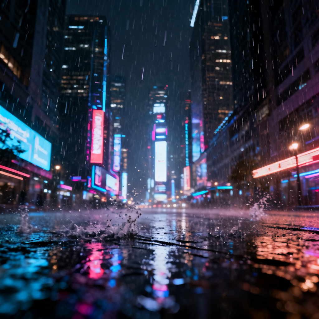 赛博朋克风格的城市夜景，霓虹灯光，雨滴效果，细节丰富，高对比度，电影级光影
