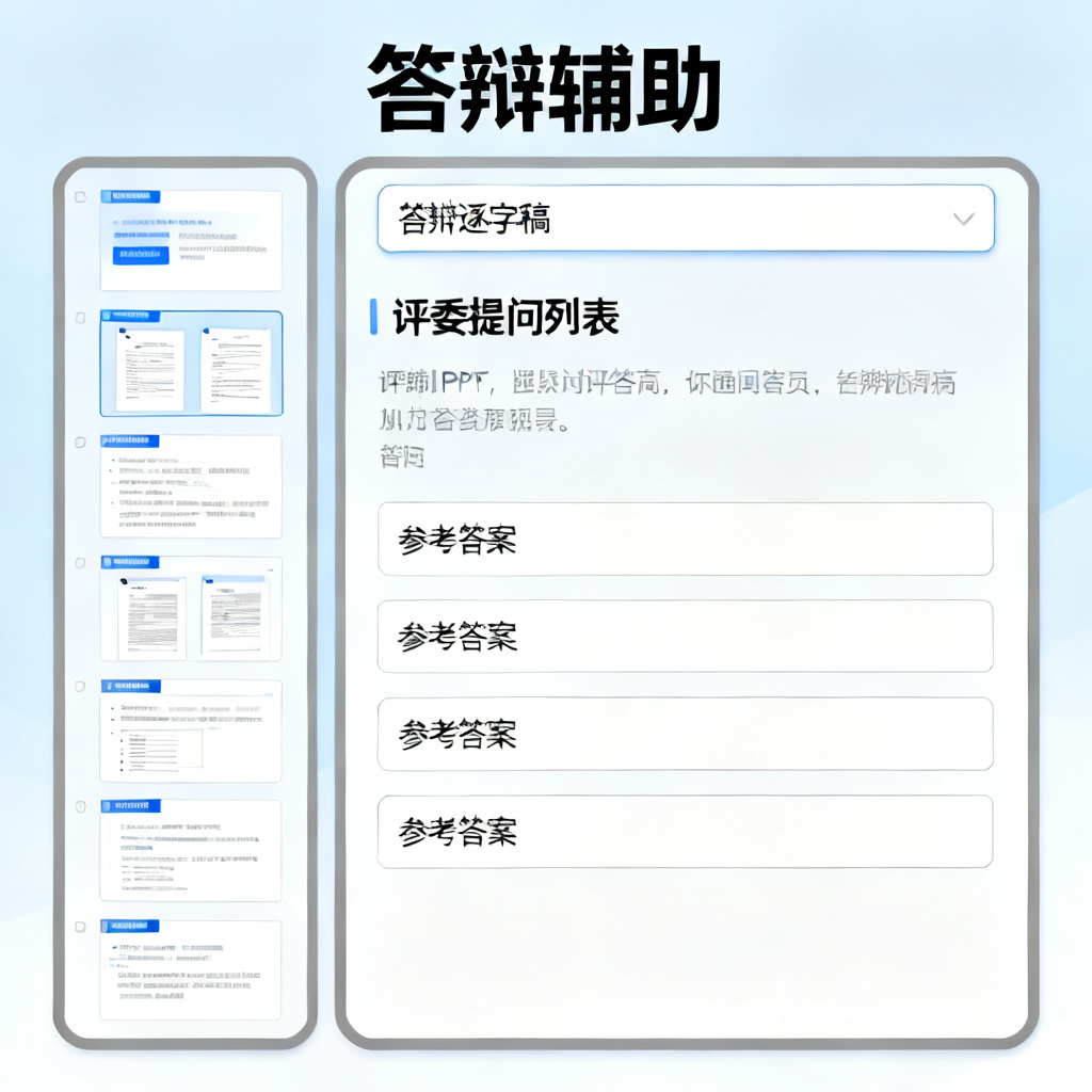 ChatPPT界面，左侧是PPT页面缩略图，右侧是生成的答辩逐字稿和评委提问列表，提问下方有参考答案，界面清晰，突出“答辩辅助”功能