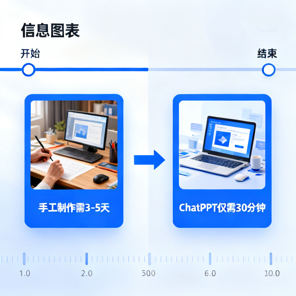 一张科研人员使用ChatPPT后节省时间的示意图,左侧显示手工制作需3-5天,右侧显示ChatPPT仅需30分钟,中间有箭头连接,背景为时间轴