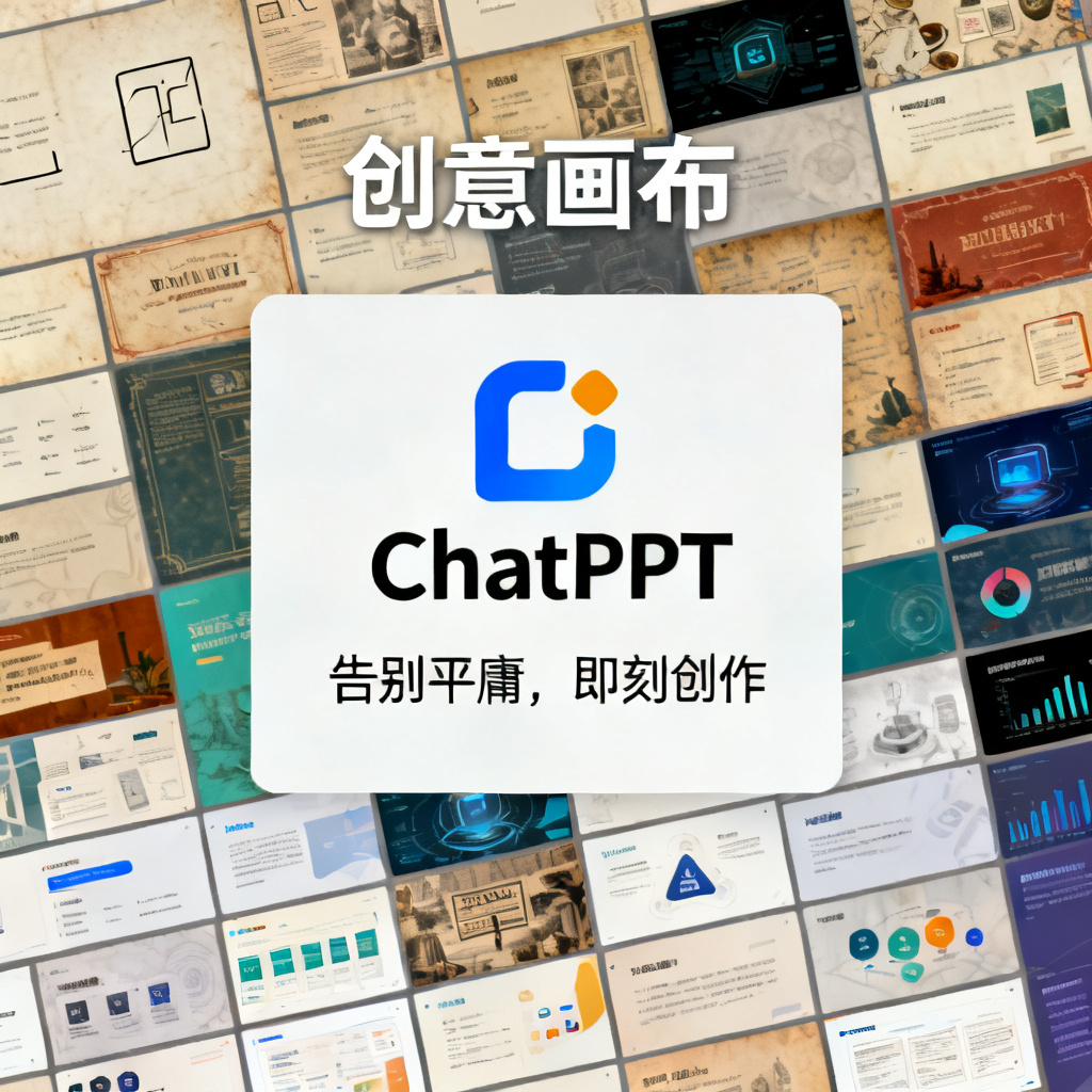 最终结论页,标题“创意画布”,背景是多种风格PPT页面的拼贴,中央显示ChatPPT logo,文字“告别平庸,即刻创作”