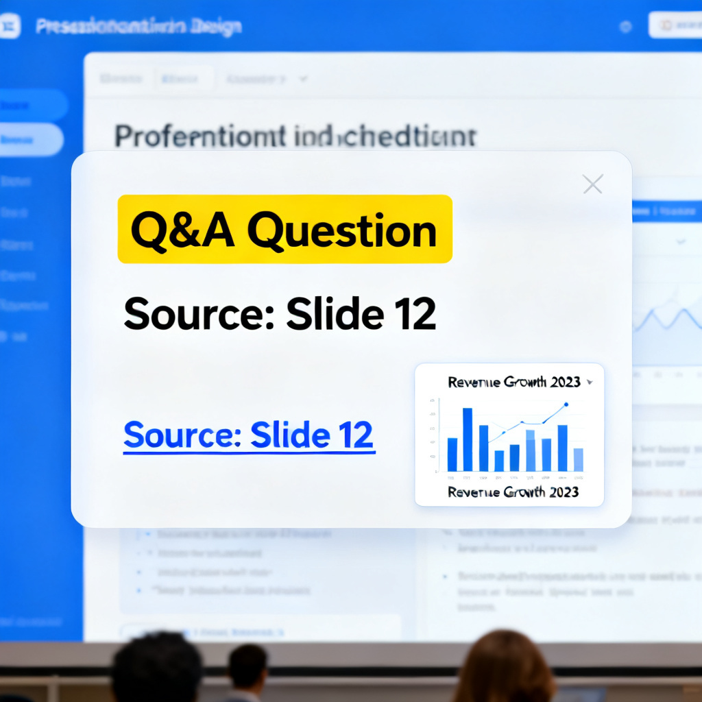 A screenshot of a Q&A interface overlaid on a presentation slide, with a user's question highlighted and the AI response showing a hyperlink 'Source: Slide 12' with a small thumbnail of that slide.