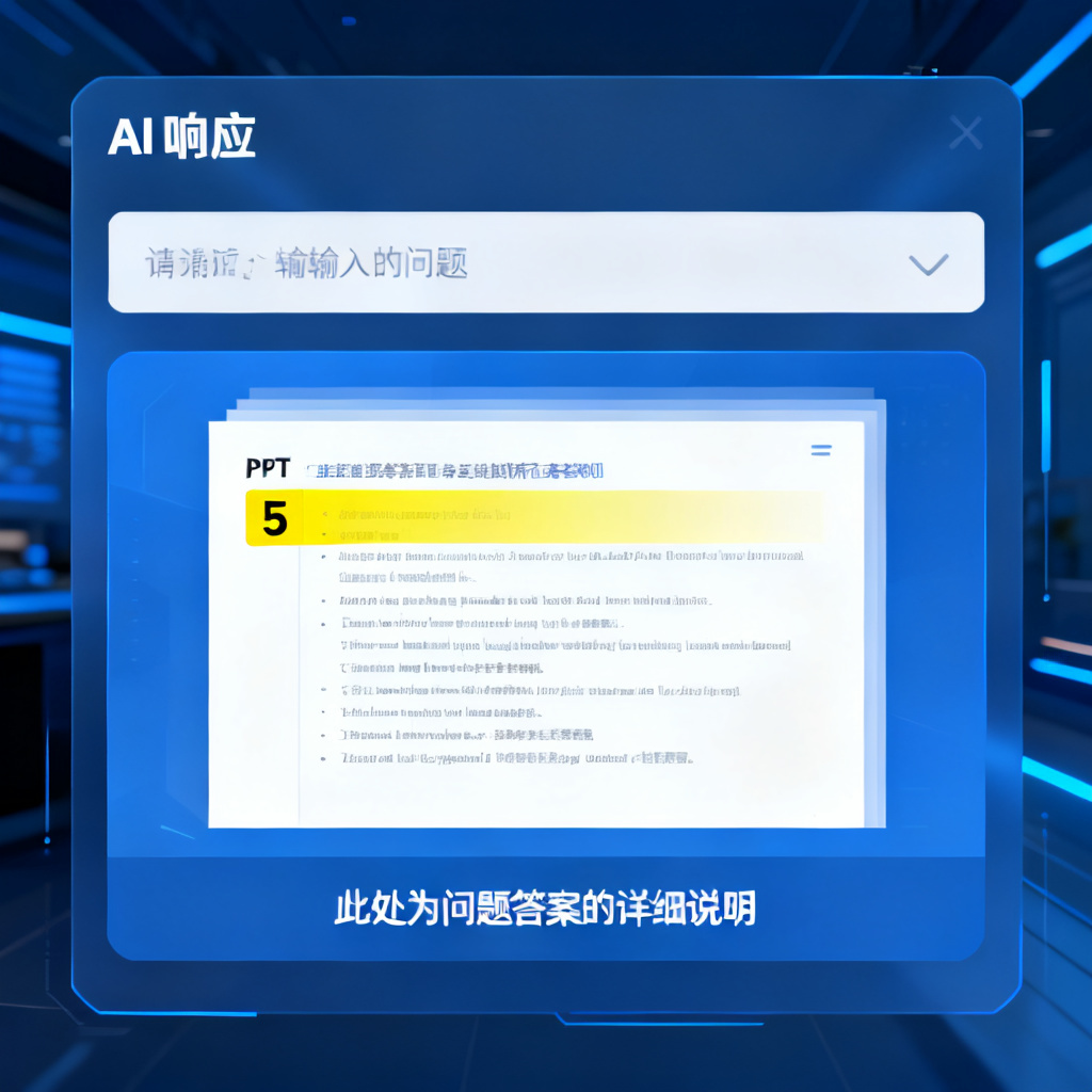 一个AI答疑界面,用户输入问题后,AI在PPT中高亮标出答案所在的页码,并显示文字解释