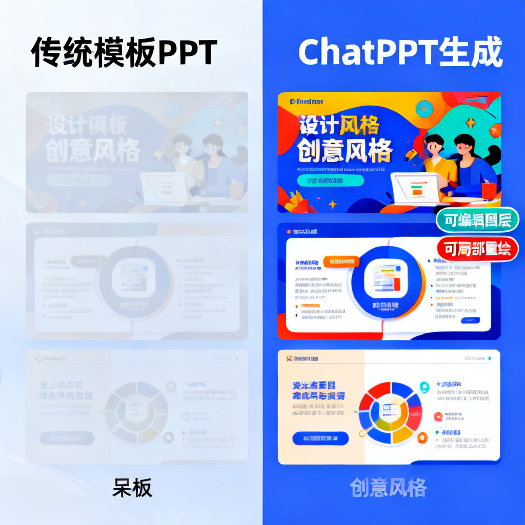 一张对比图,左侧为传统模板PPT的呆板页面,右侧为ChatPPT生成的创意风格页面,右侧页面标注了“可编辑图层”和“可局部重绘”的标记,突出其灵活性与可编辑性