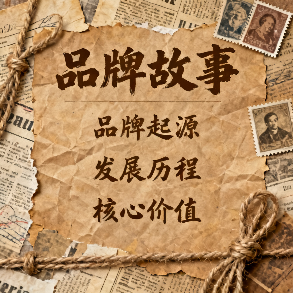 牛皮纸贴画风格品牌故事PPT，旧报纸、邮票、麻绳元素，复古色调，手写字体，拼贴艺术